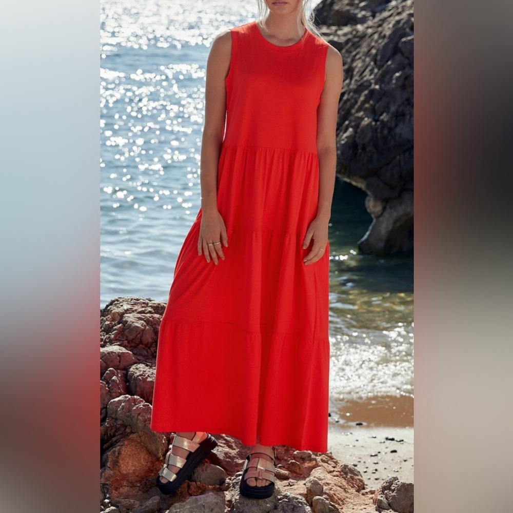 NWT NEXT Tiered Tank Cotton Maxi Dress, Orange, Size 8 Tall